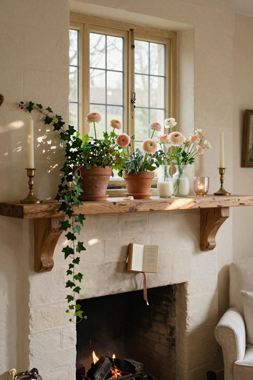 valentines mantle decor - trailing ivy and ranunculus in terracotta