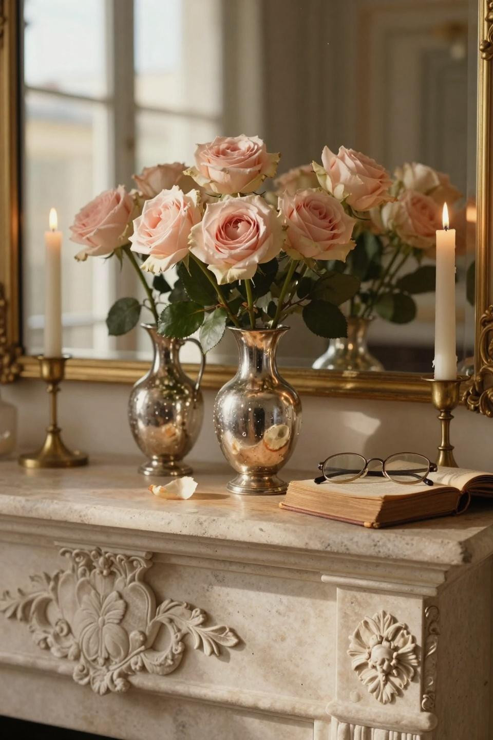 valentines mantle decor - mercury glass vases with blush roses