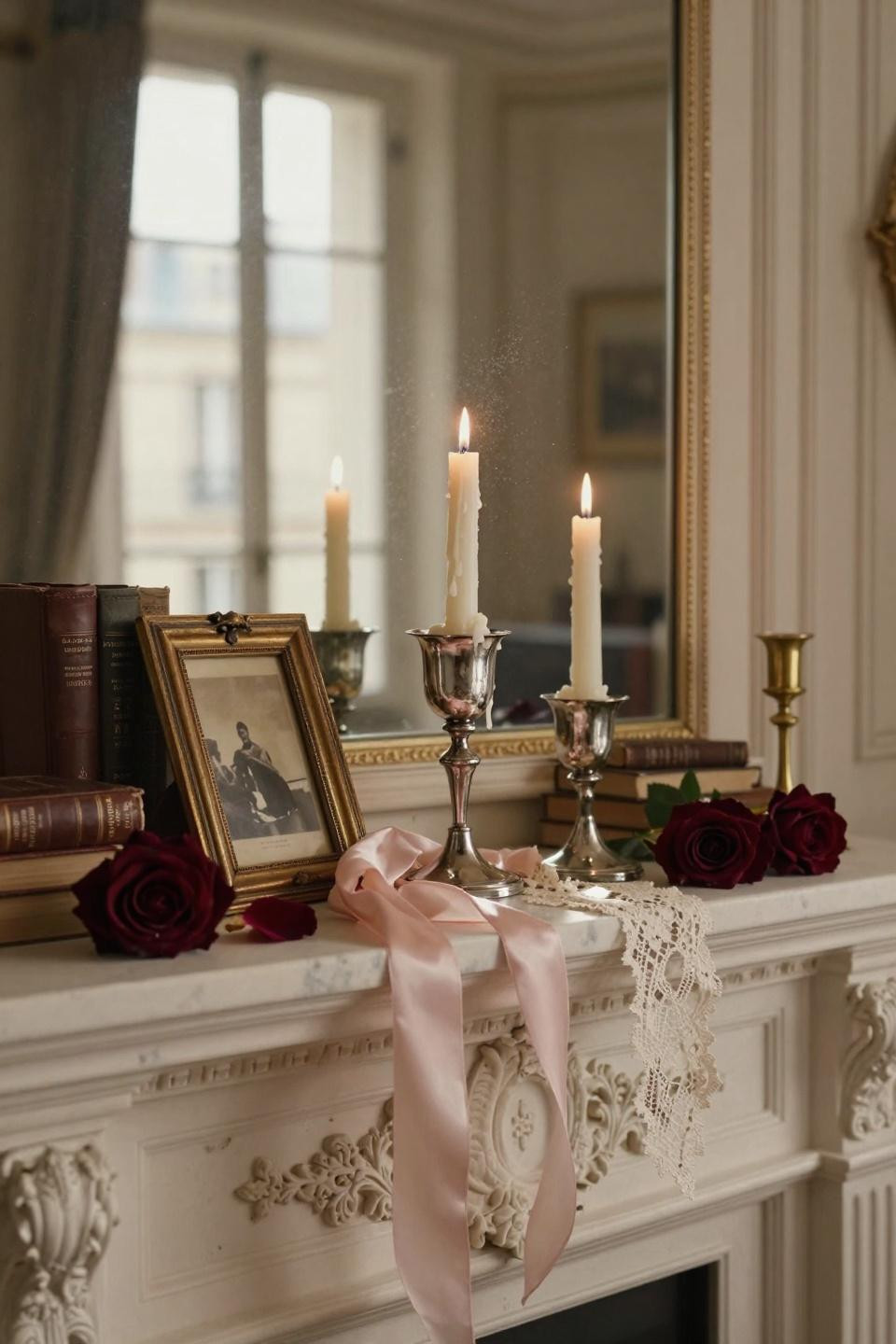 valentines mantle decor - burgundy rose petals on honed marble with brass frame