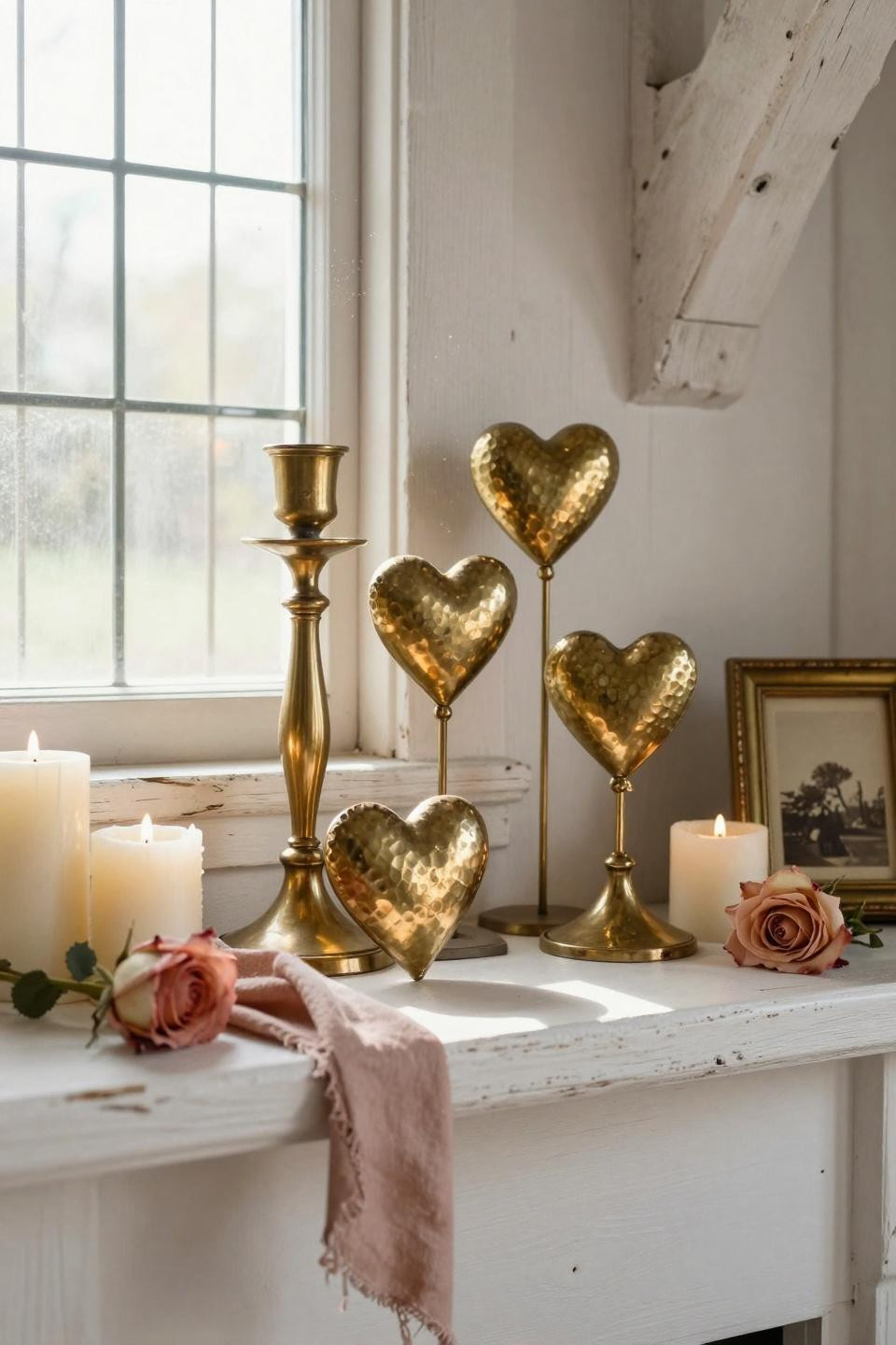 valentines mantle decor - hand-hammered brass hearts on reclaimed white wood