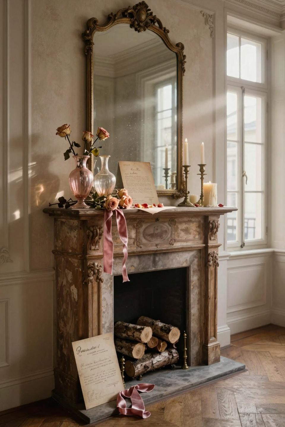 valentines mantle decor - vintage Valentine postcard with mercury glass votives