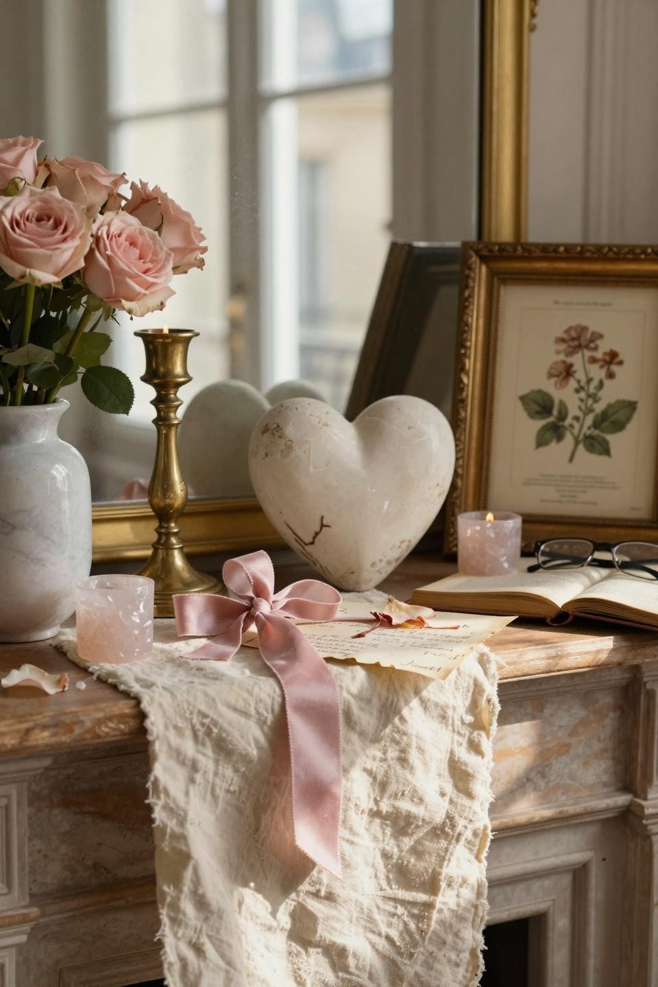 valentines mantle decor - antique letters tied with velvet beside rose quartz