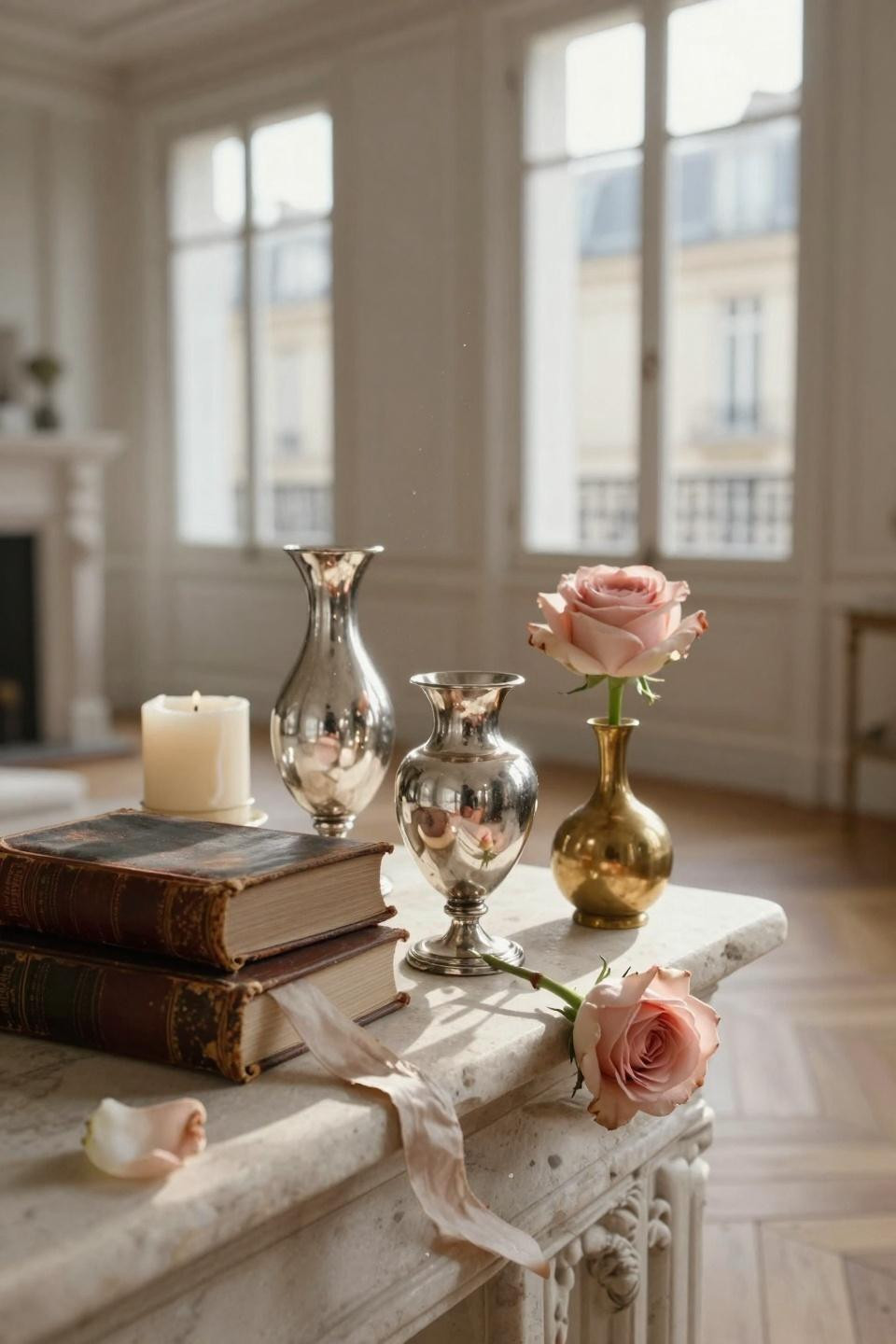 valentines mantle decor - three mercury glass vessels with leather-bound book