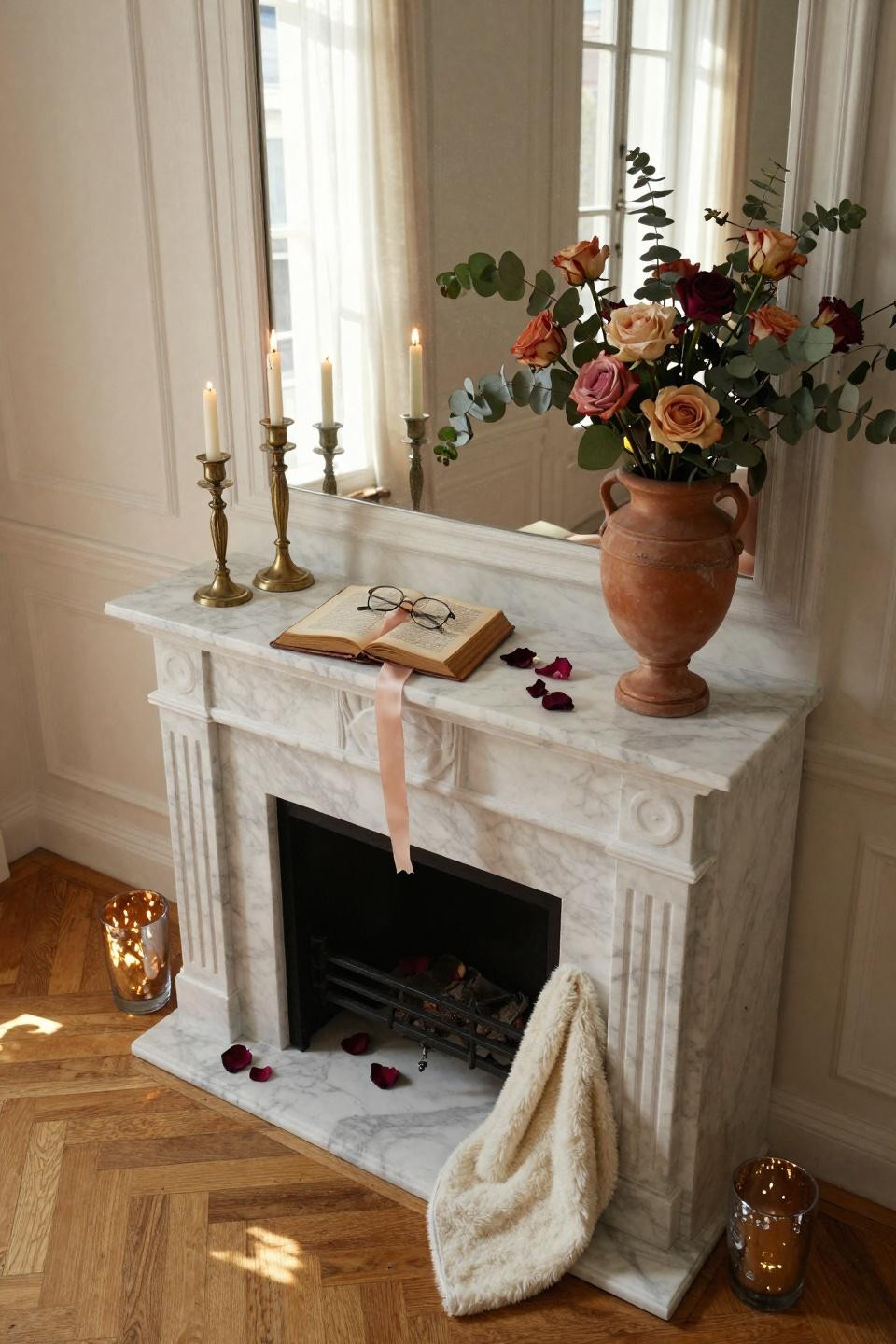valentines mantle decor - asymmetric styling with burgundy rose petals and brass