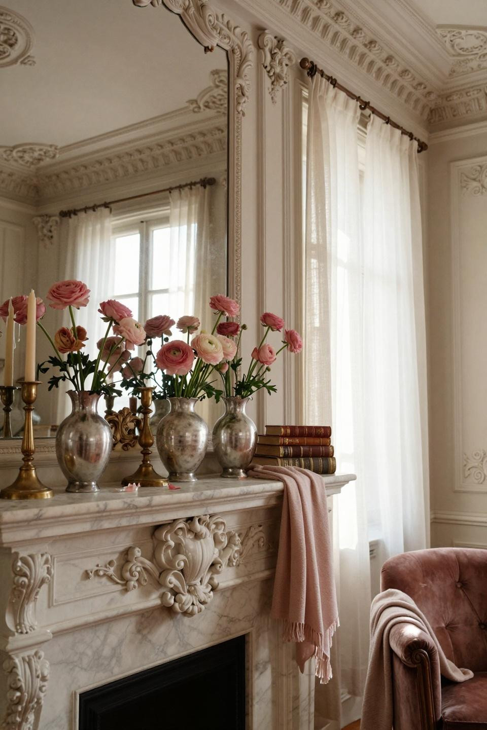 valentines mantle decor - carved marble fireplace with gold mirror and roses
