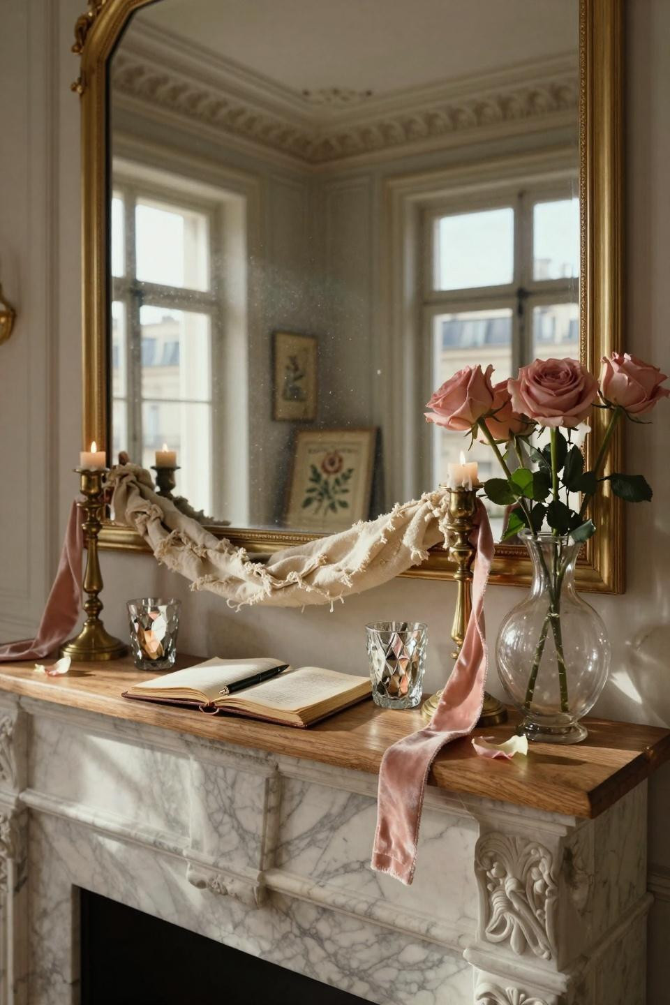 valentines mantle decor - hand-blown Murano glass vase with open journal