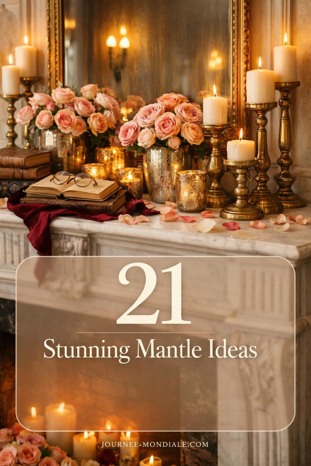 Romantic fireplace mantel decorated with soft pink roses, vintage candlesticks, white garland, and heart accents for Valentine's Day