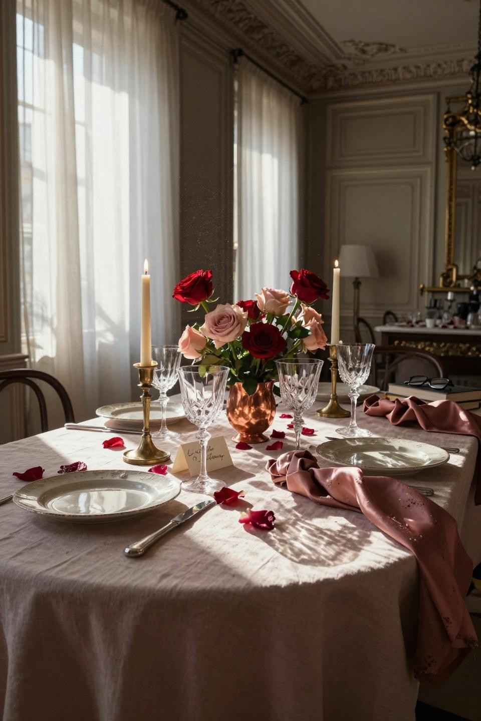 Valentines table decor with blush linen and copper centerpiece