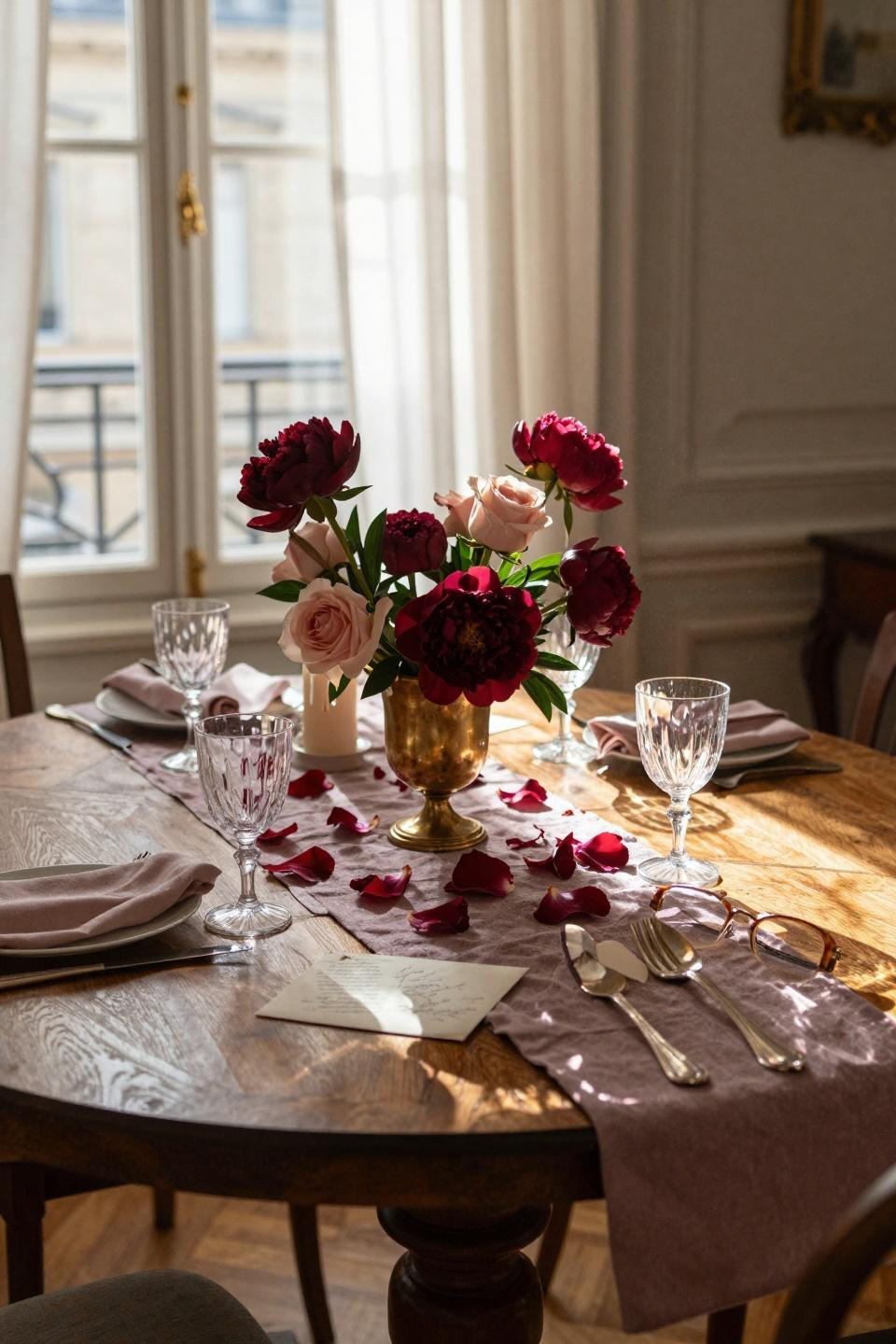Valentines table decor on walnut table with love letters