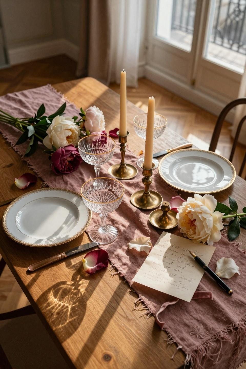 Valentines table decor with dusty rose linen runner and vintage china