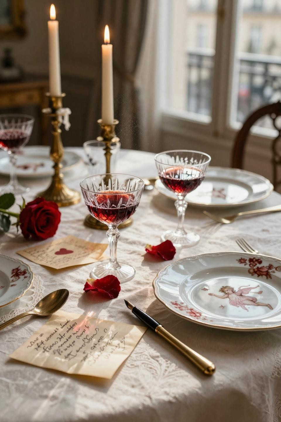 Valentines table decor with vintage cupid plates and candlelight