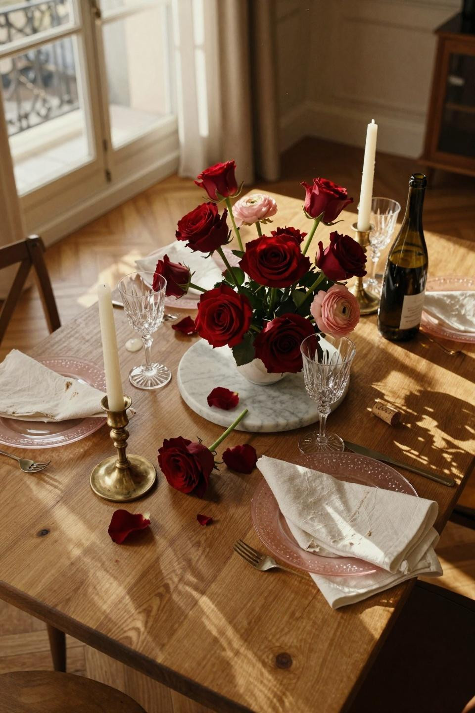 Valentines table decor with marble lazy susan and red roses