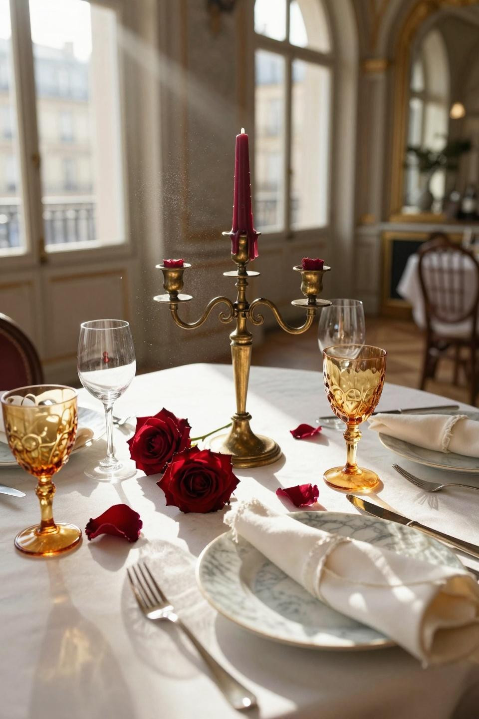 Valentines table decor with brass candelabra and burgundy candles