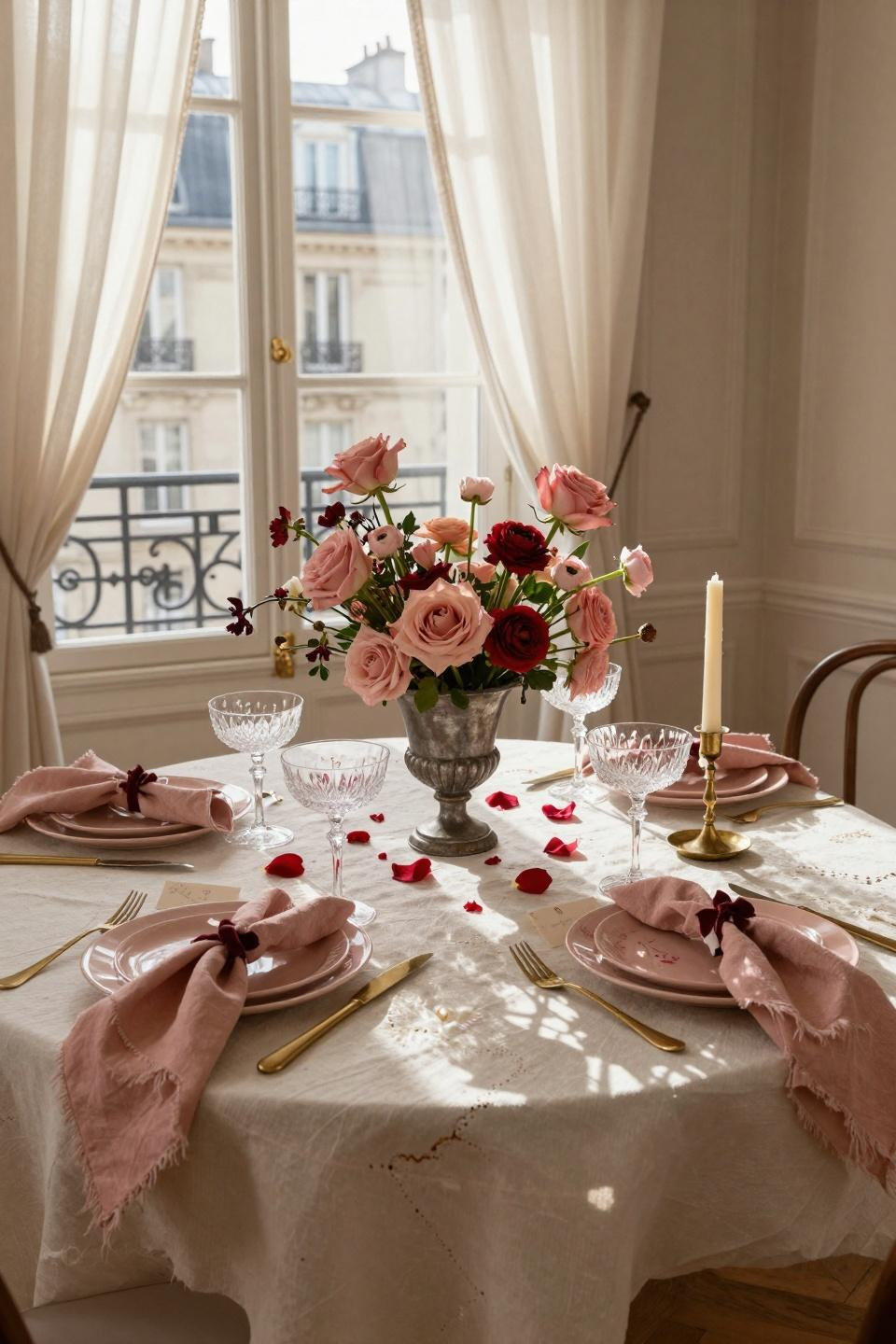 Valentines table decor in dusty rose and cream tones