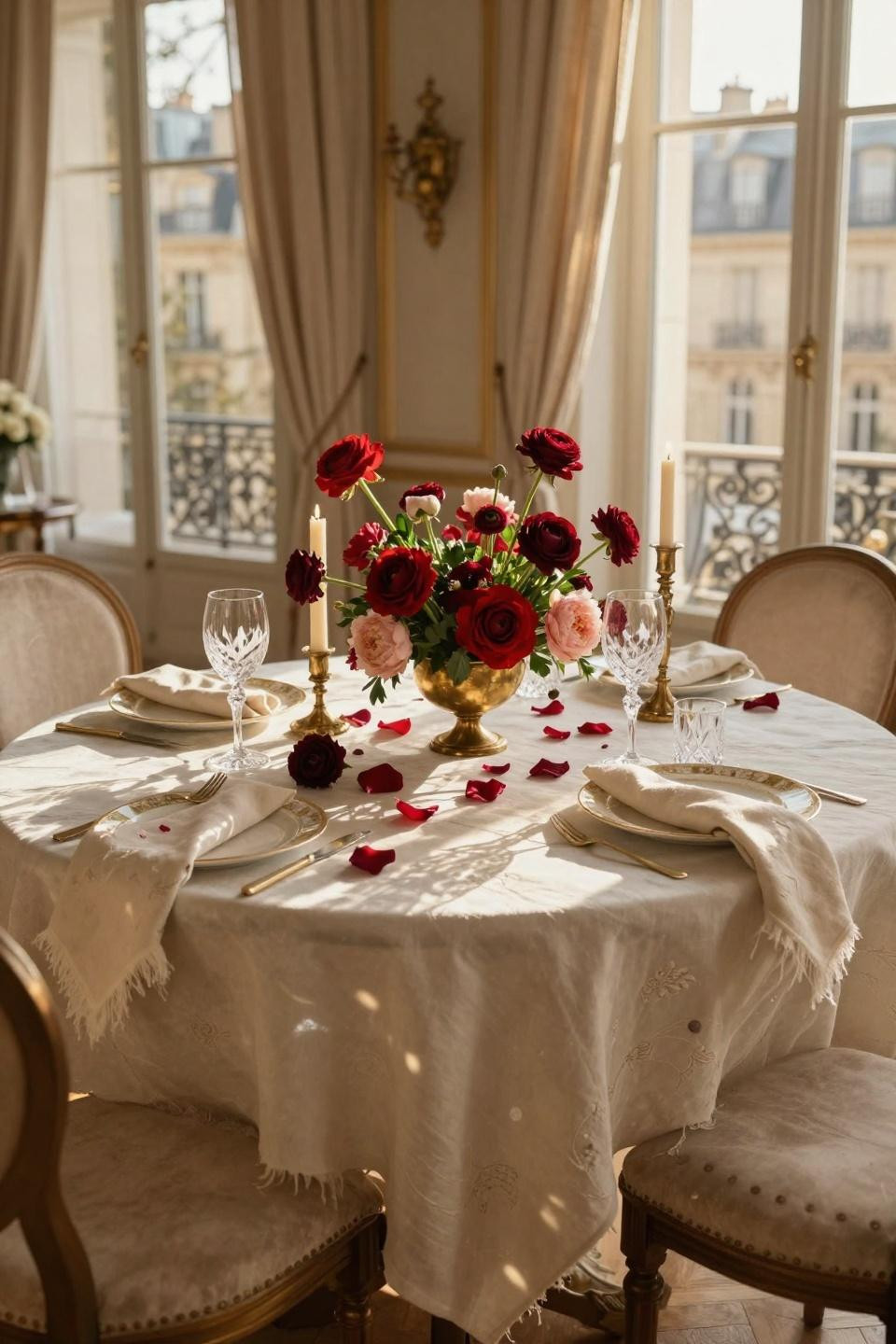 Valentines table decor with champagne linen and crimson roses
