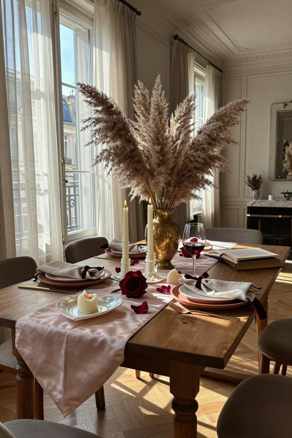 Valentines table decor with dried pampas grass centerpiece