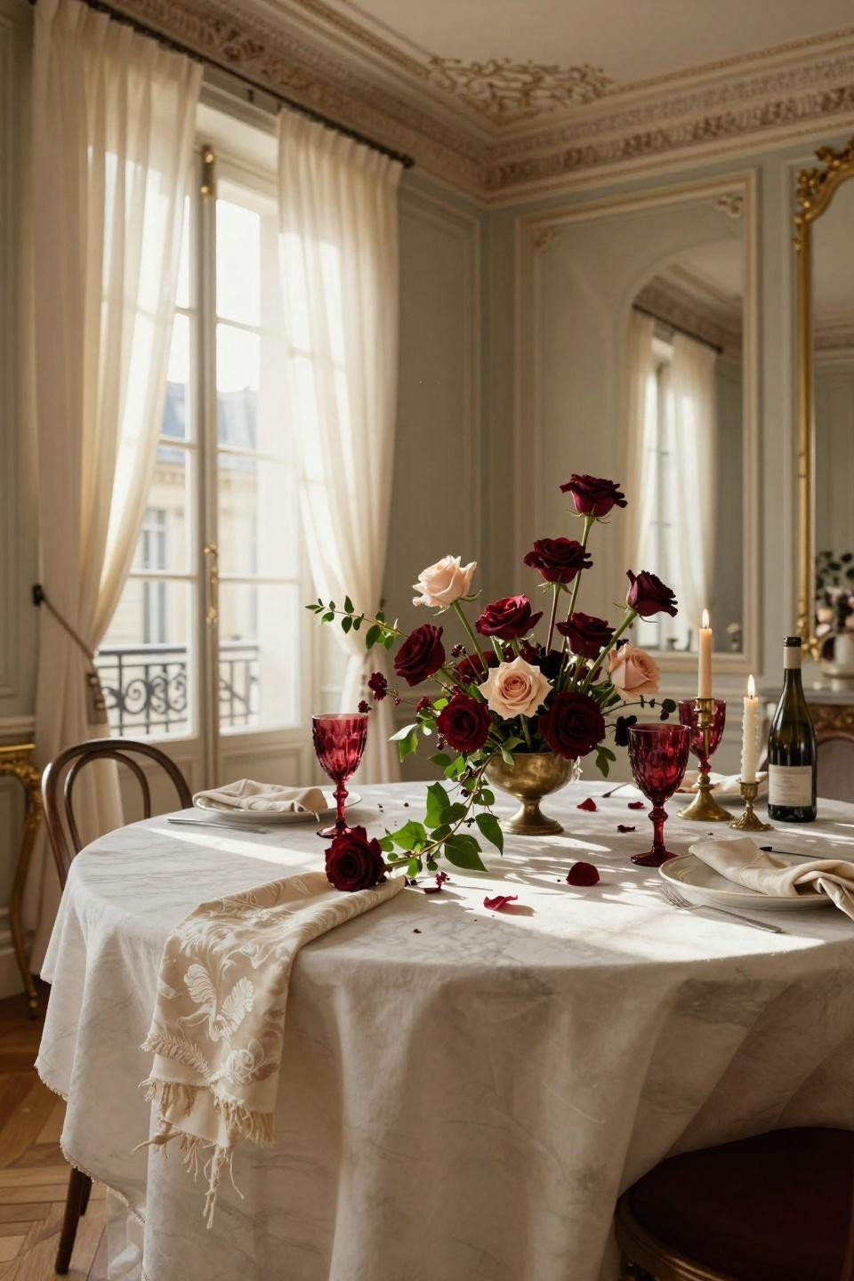 Valentines table decor with cascading burgundy amaranthus