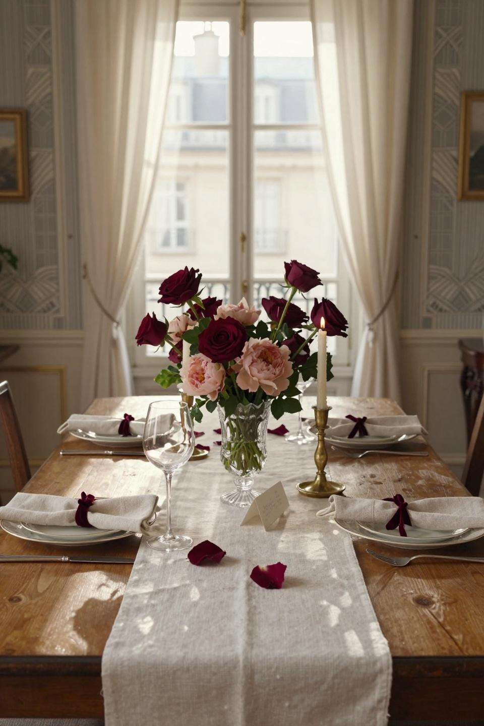 Valentines table decor on antique oak table with brass accents