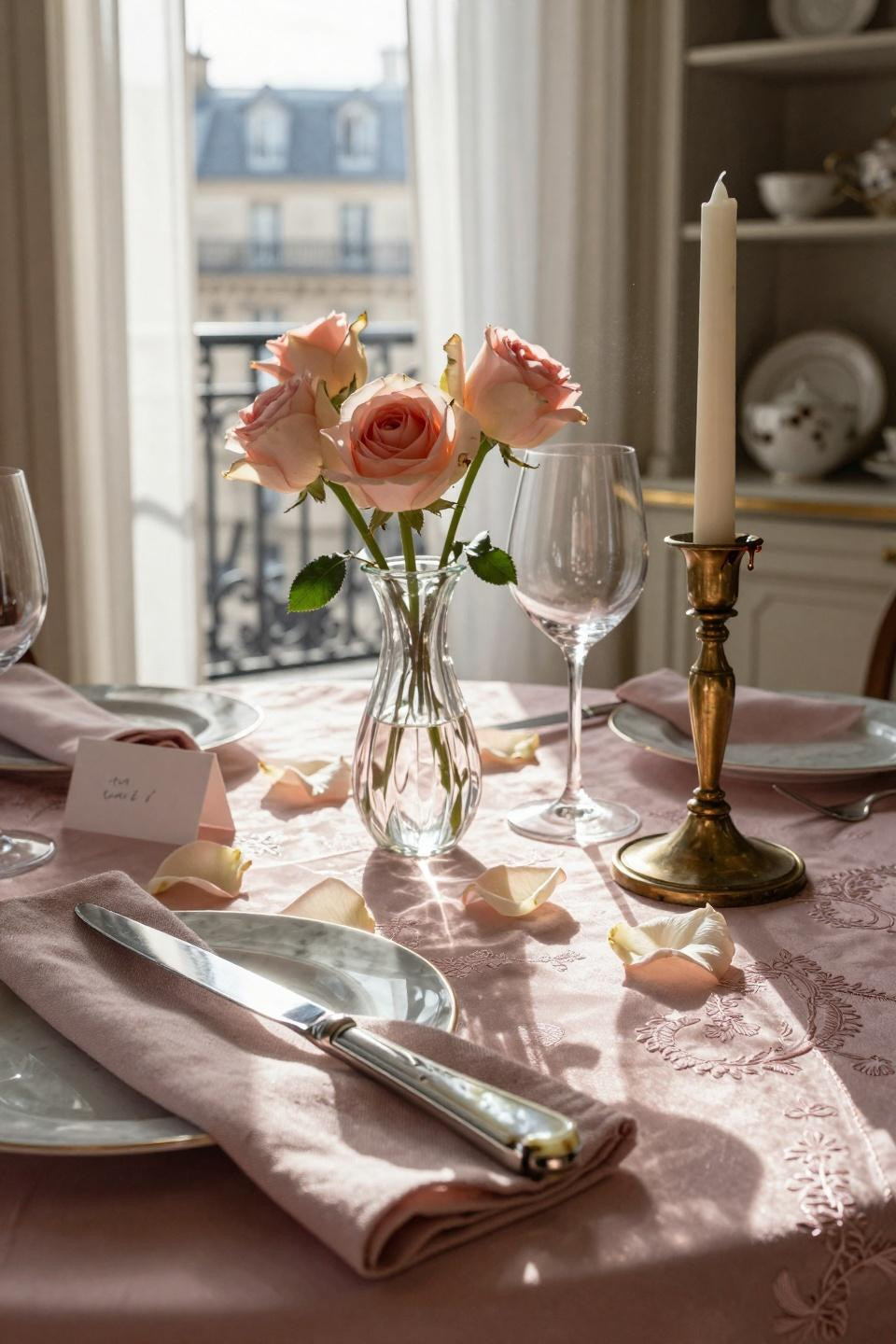 Valentines table decor detail with mother-of-pearl flatware