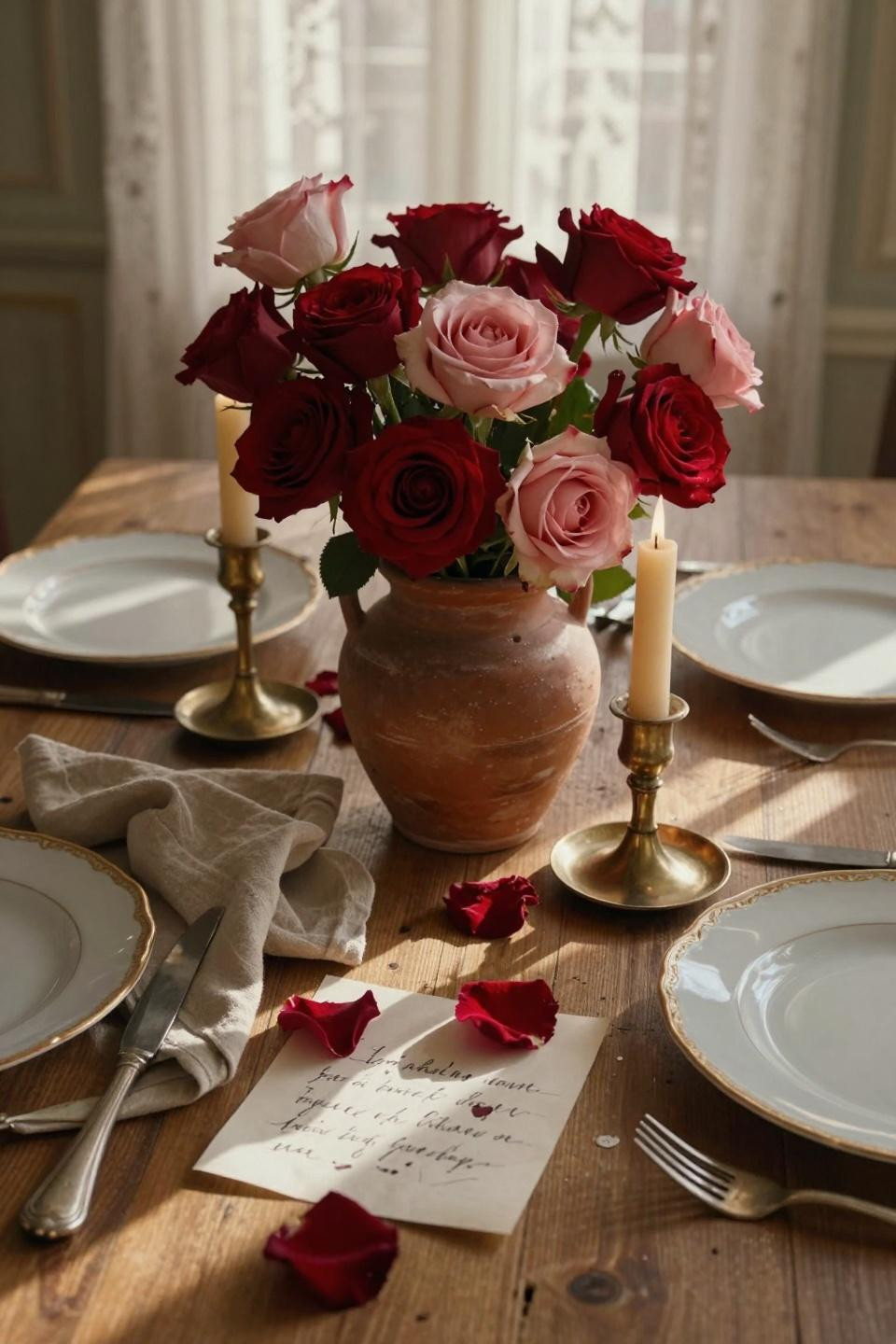 Valentines table decor with terracotta and wild roses