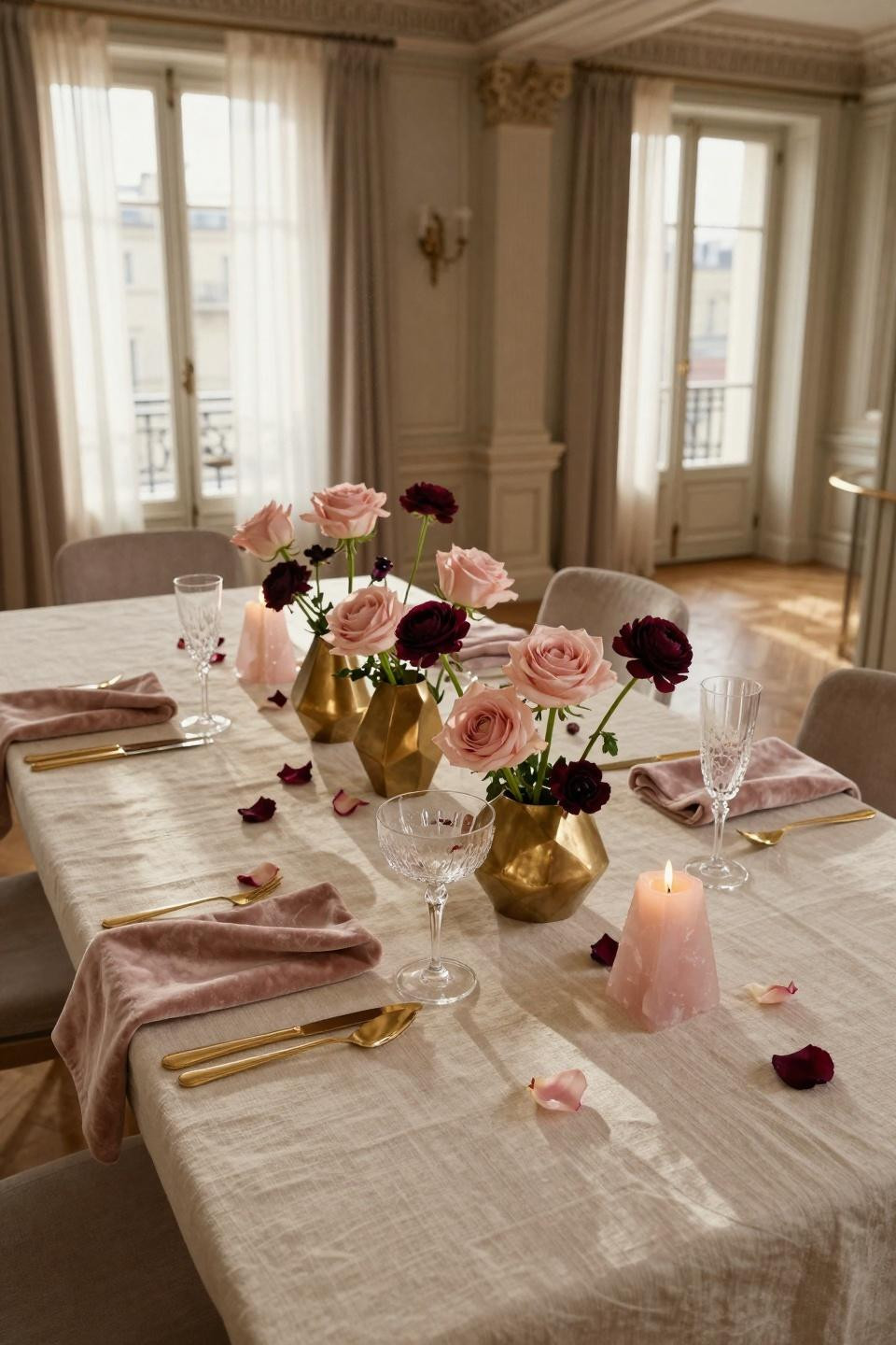 Valentines table decor with geometric brass vessels and roses