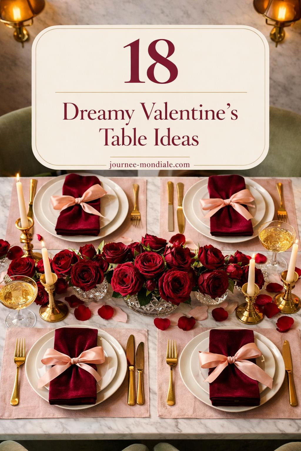 Elegant Carrara marble dining table with burgundy roses, blush linens, brass candlesticks, crystal champagne coupes, romantic tablescape