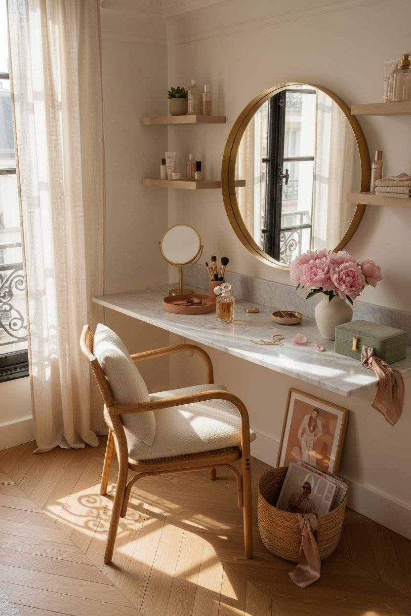 Vanity ideas bedroom with natural rattan chair and marble surface