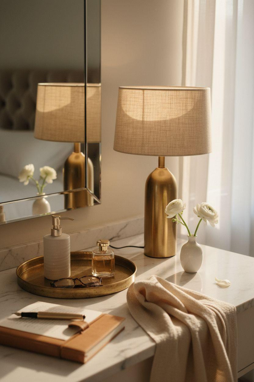 Vanity ideas bedroom with Carrara marble and cream bouclé chair