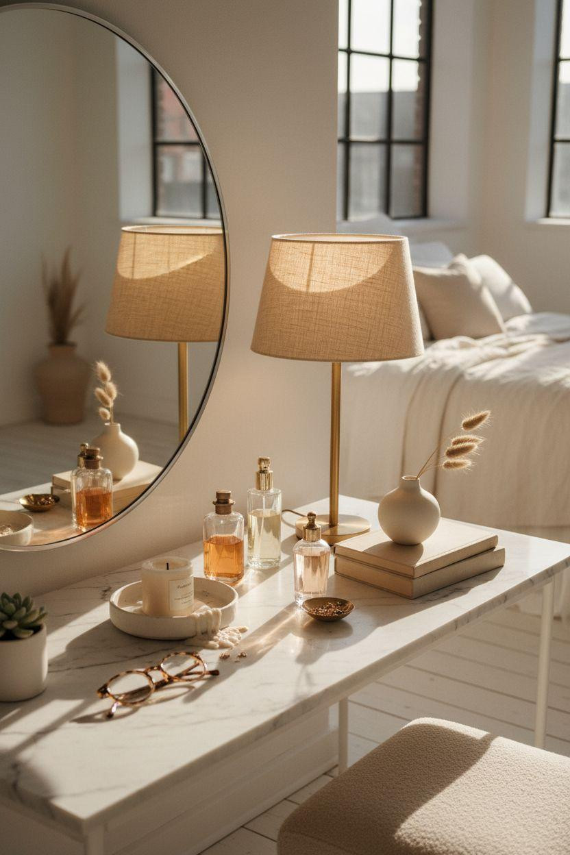 Vanity ideas bedroom featuring marble surface with brass lamp