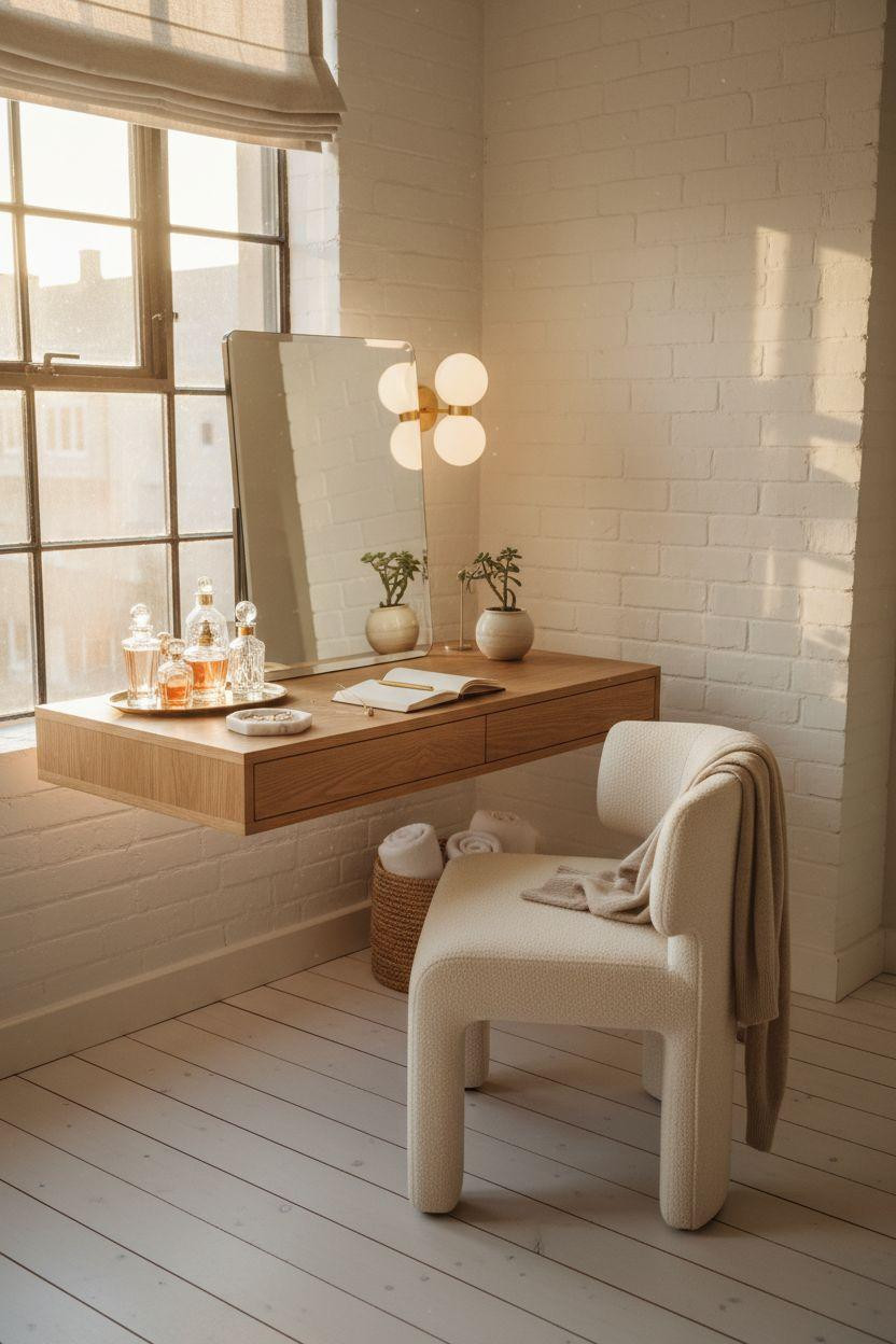 Vanity ideas bedroom with floating white oak desk and brass accents