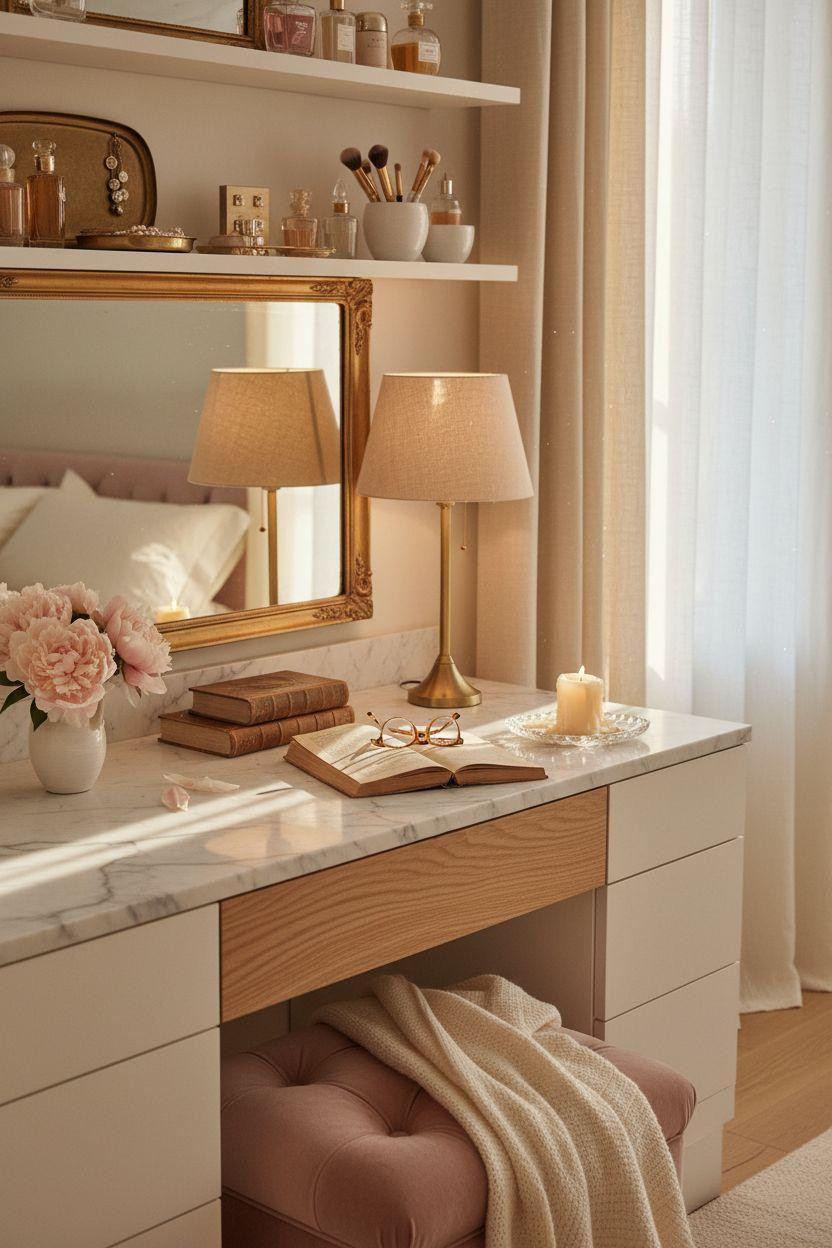 Vanity ideas bedroom with Parisian luxury and open display shelving