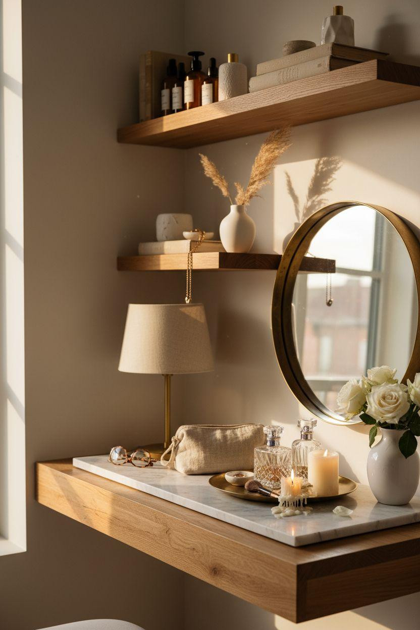 Vanity ideas bedroom featuring open shelving with reclaimed oak