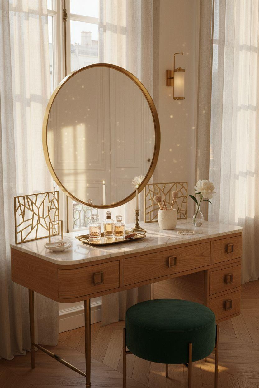 Vanity ideas bedroom with circular brass mirror and oak drawers