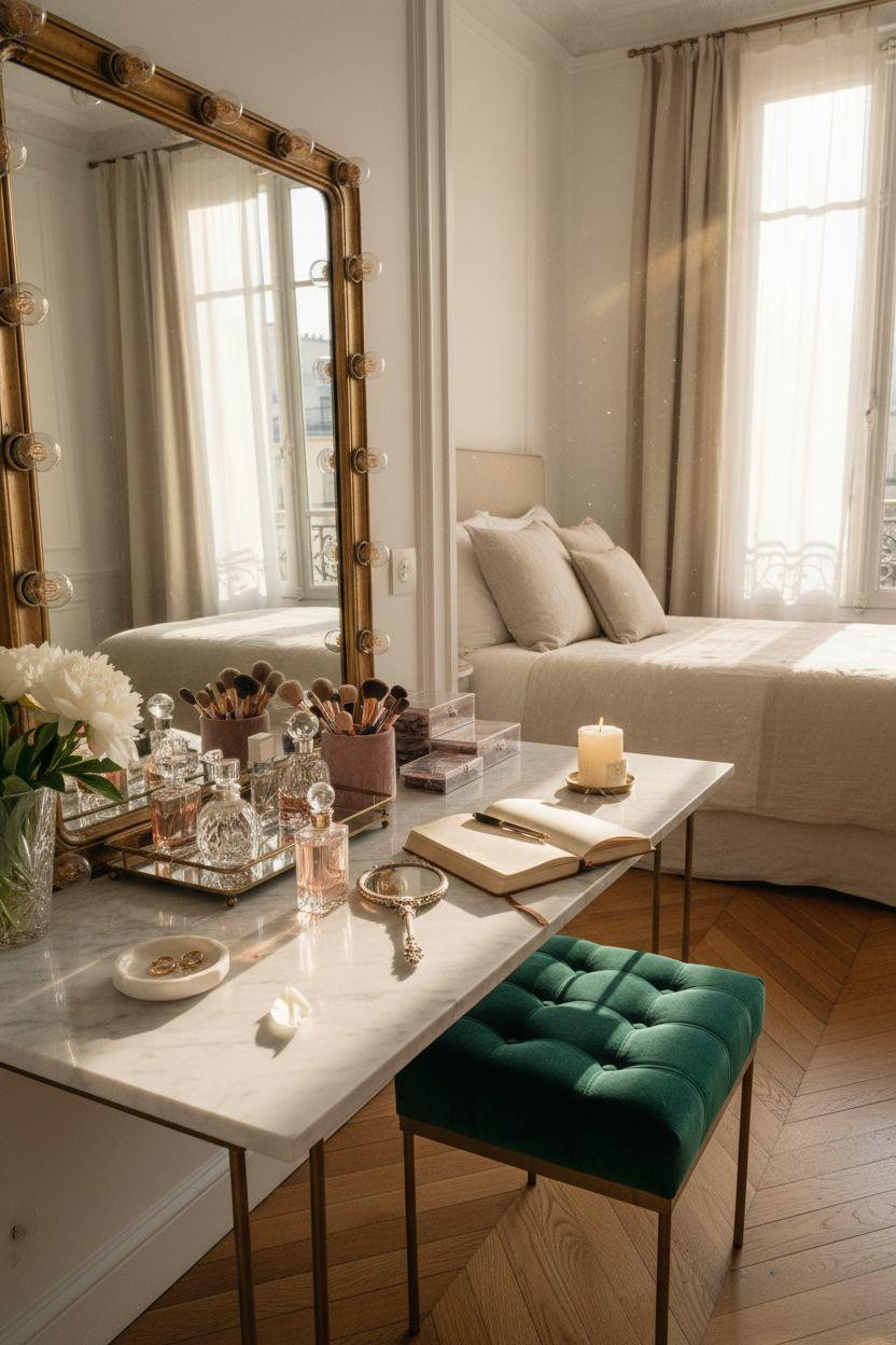 Vanity ideas bedroom with Hollywood mirror and brass lighting