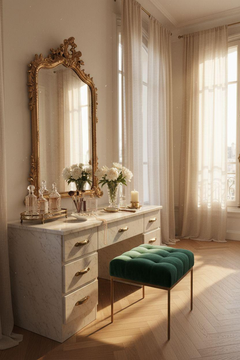 Vanity ideas bedroom featuring emerald velvet and ornate mirror