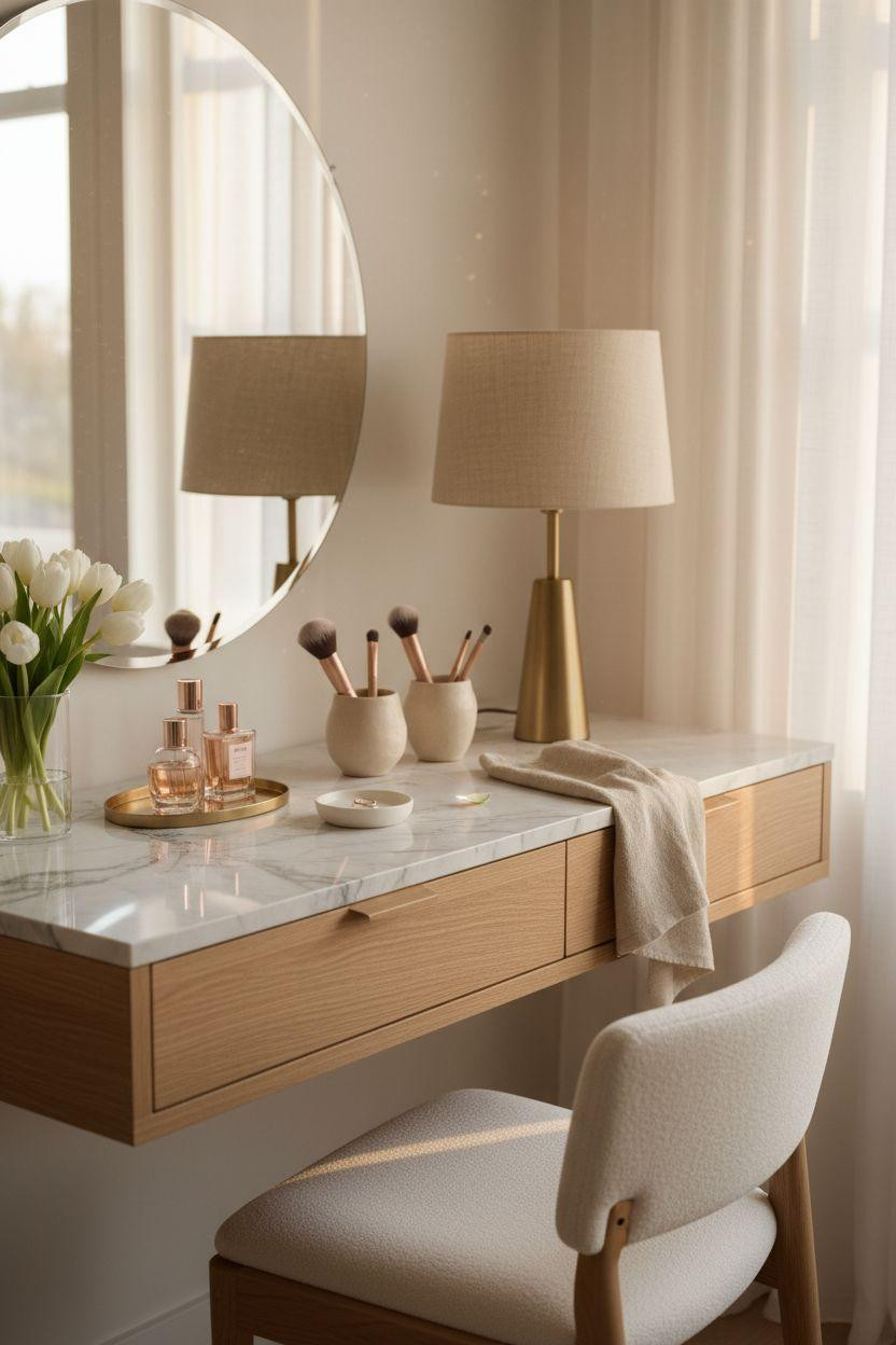 Vanity ideas bedroom featuring honey oak with frameless mirror