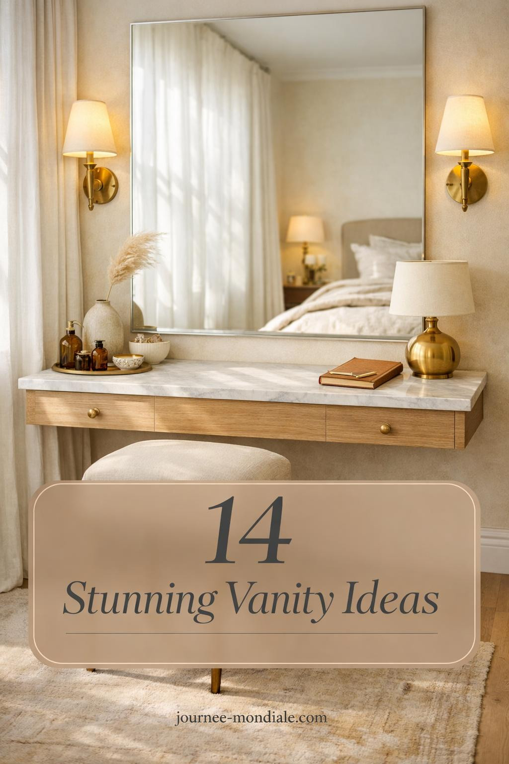 White oak floating vanity with Carrara marble top and brass hardware styled with amber perfume bottles and dried pampas