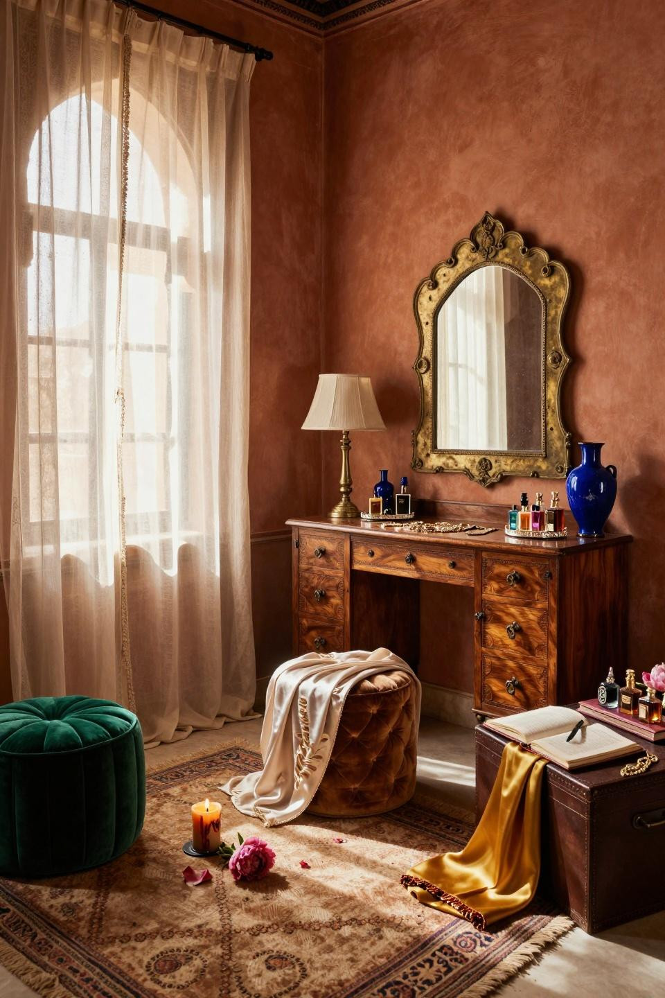 vintage dressing rooms with arched windows and jewel tones