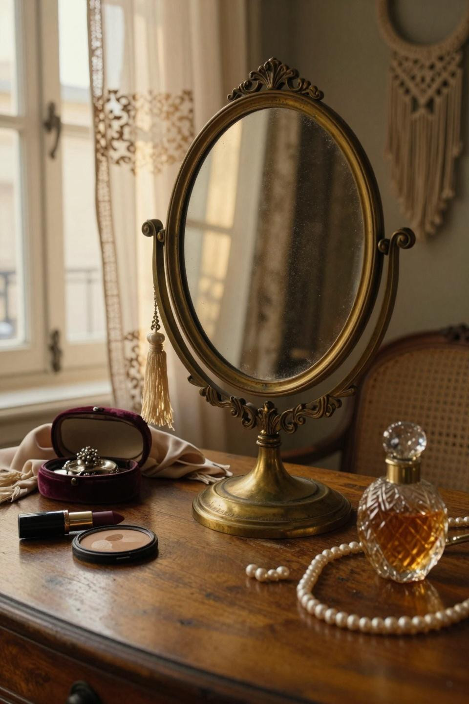 vintage dressing rooms featuring ornate brass vanity mirror