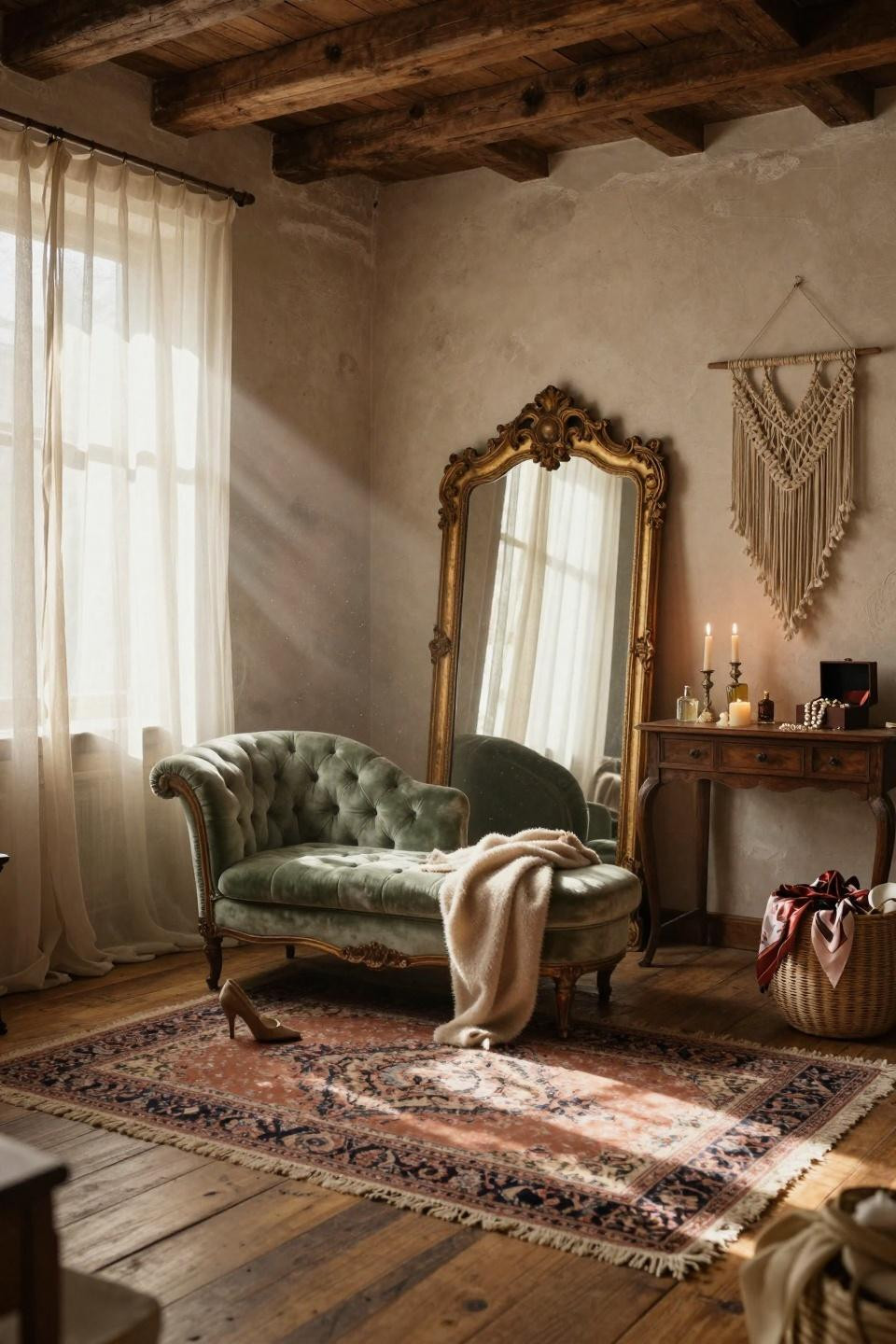 vintage dressing rooms in converted loft with exposed beams