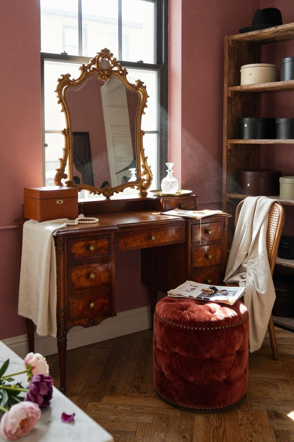 vintage dressing rooms with gilded baroque mirror