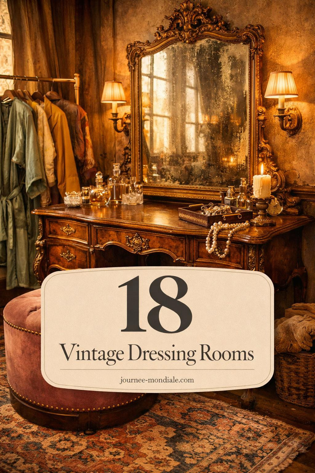 Elegant vintage dressing room featuring ornate vanity mirror, plush velvet seating, antique furniture, and bohemian textiles