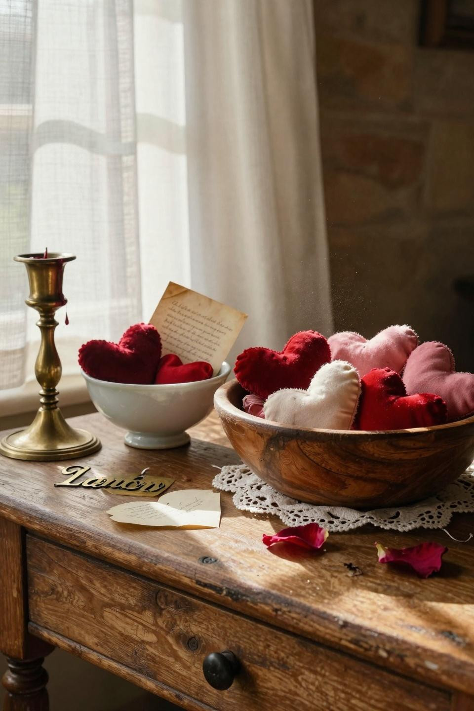 Vintage Valentines Decorations with aged brass and velvet hearts