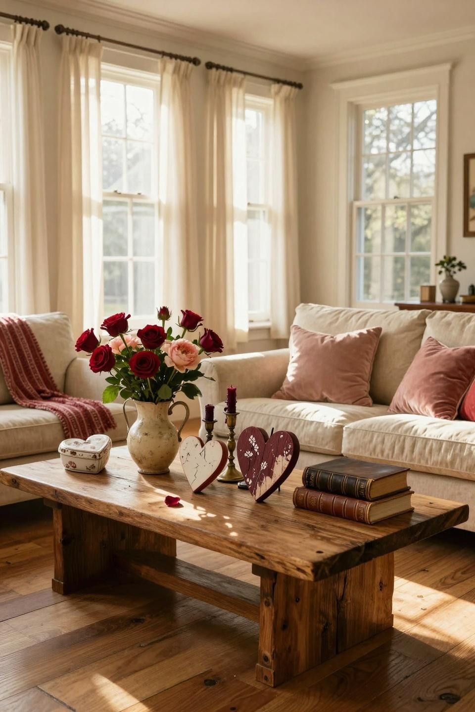 Vintage Valentines Decorations in elegant farmhouse living room