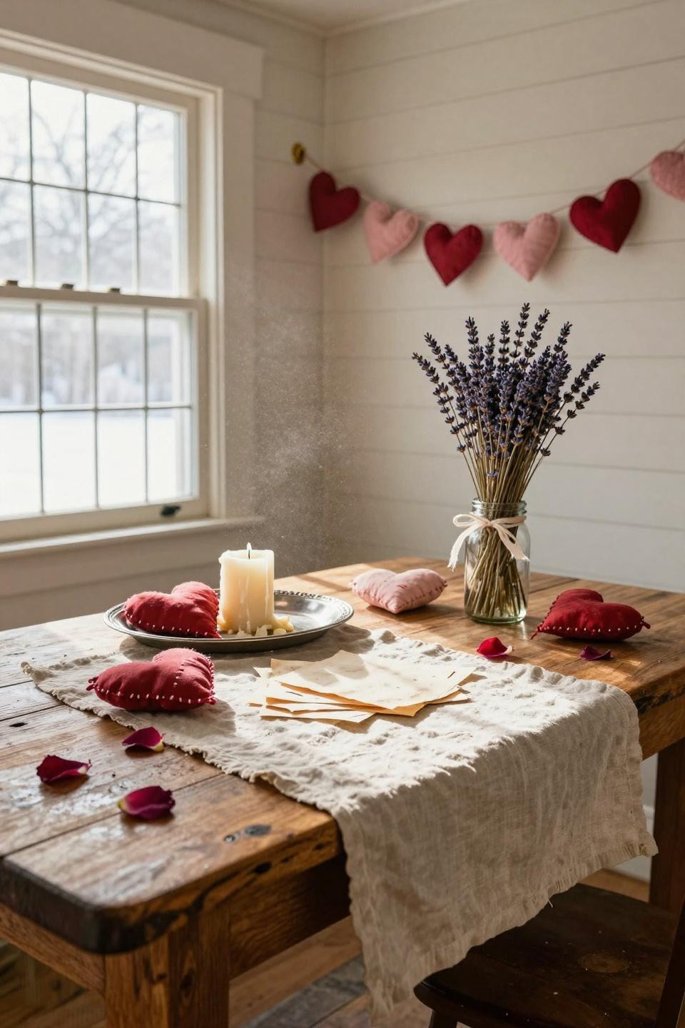 Vintage Valentines Decorations on farmhouse butcher block island