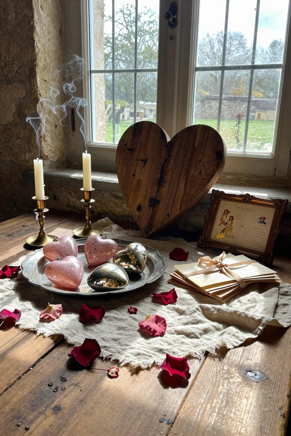 Vintage Valentines Decorations with mercury glass hearts and French letters