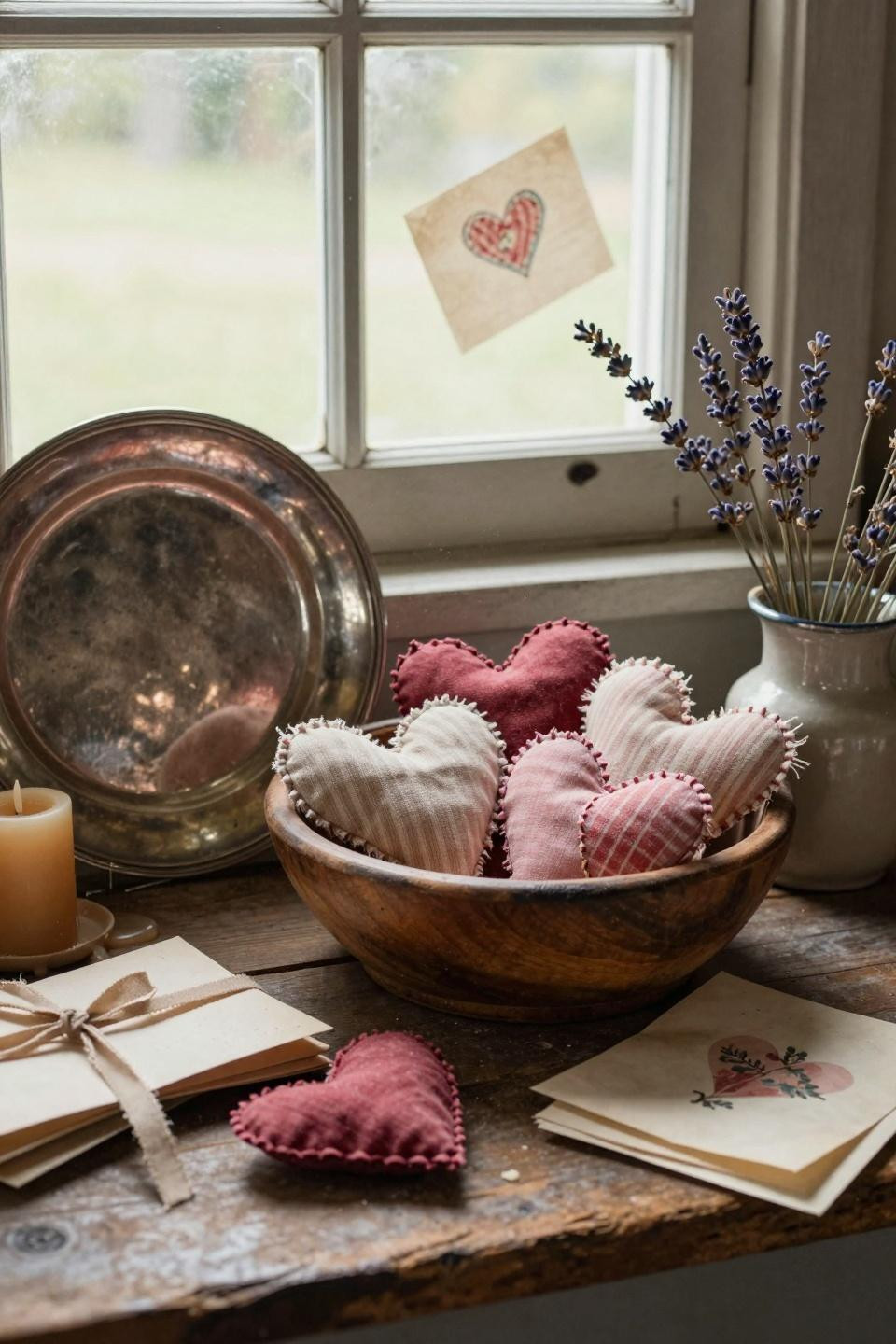 Vintage Valentines Decorations with weathered dough bowl and fabric hearts