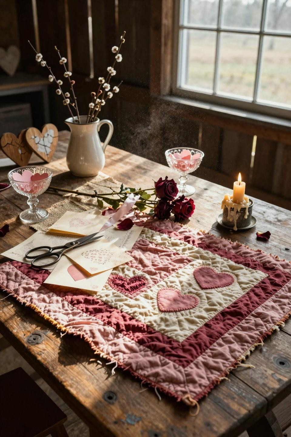 Vintage Valentines Decorations with crazy quilt and paper valentines