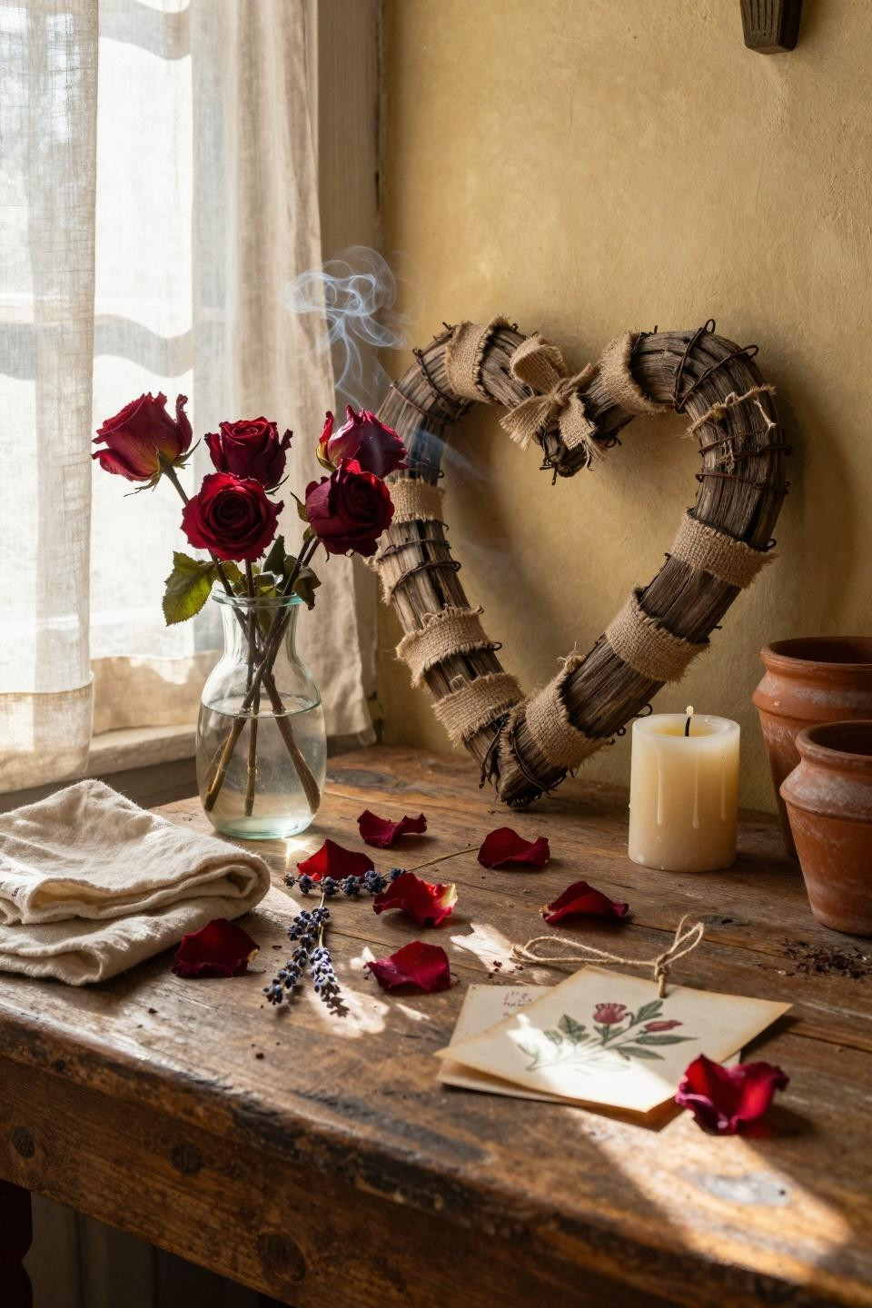 Vintage Valentines Decorations with dried roses and primitive heart wreath