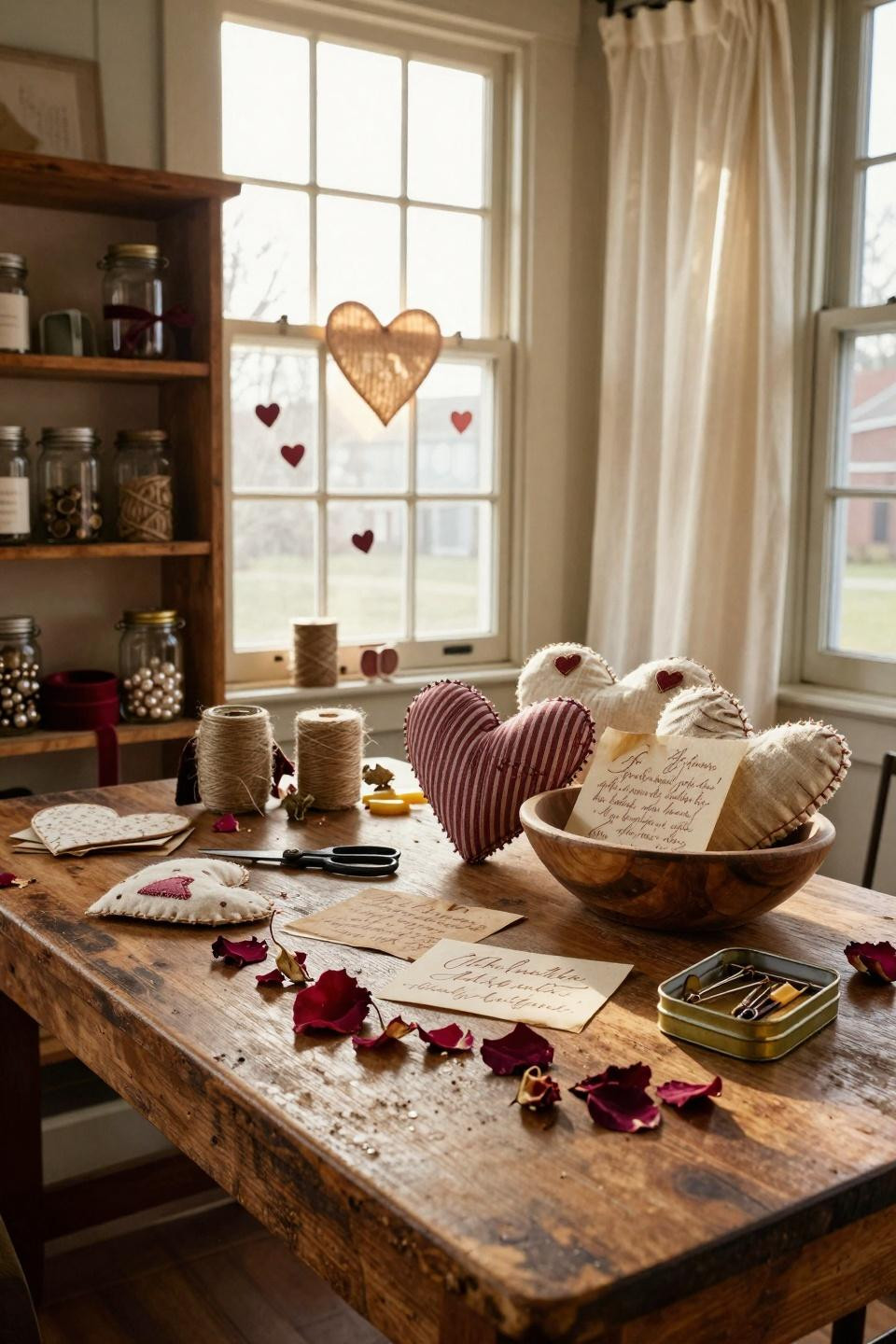 Vintage Valentines Decorations in craft studio setup